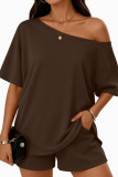 Slant Neck T-shirt Shorts Sport 2-piece Set