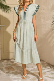 Striped Pleated V-neck Short Sleeved Dress