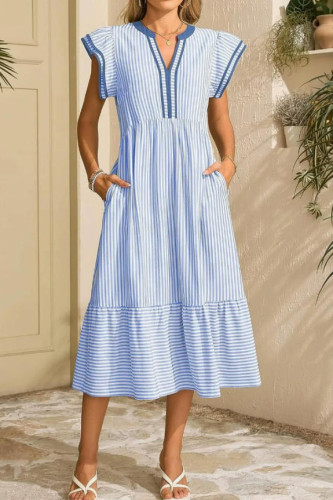 Striped Pleated V-neck Short Sleeved Dress