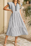 Striped Pleated V-neck Short Sleeved Dress