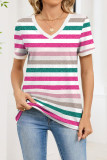 Striped V-neck Loose Short Sleeved T-shirt