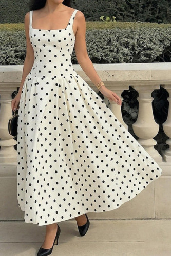 Retro Polka Dot Sleeveless Waist Cinched Dress