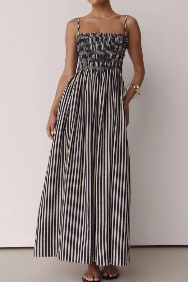 Striped Printed Waist Cinched Sleeveless Dress