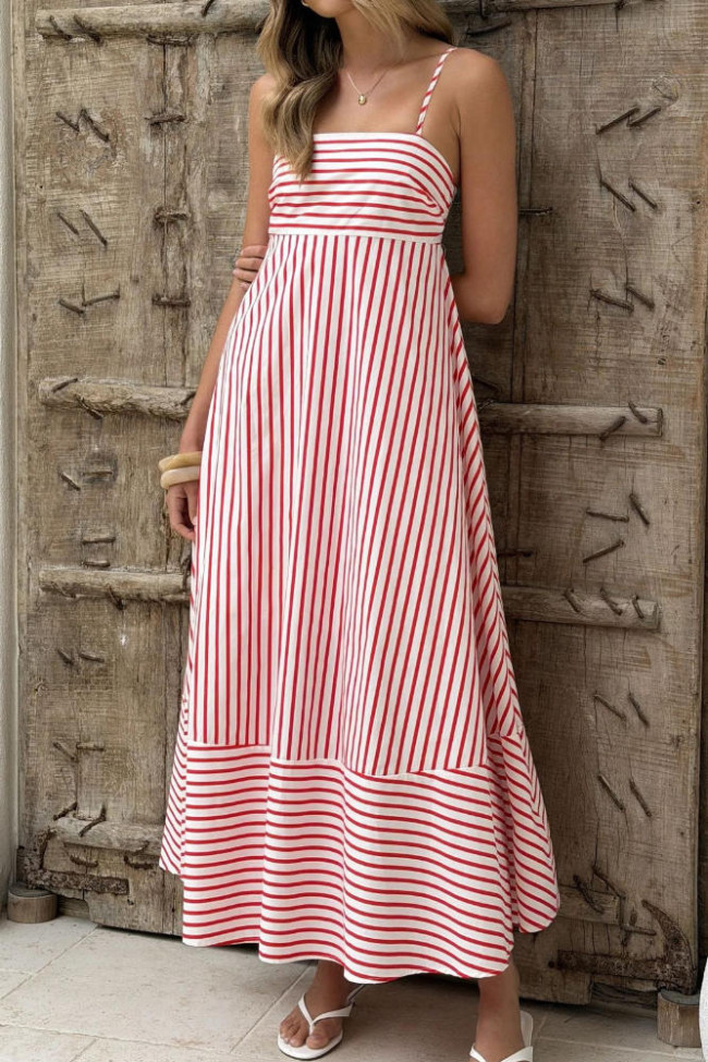 Striped Printed High Waisted Sleeveless Dress