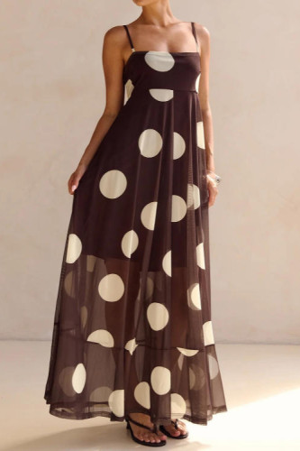 Mesh Polka Dot Printed High Waisted Dress