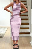 Round Neck Striped Sleeveless Knitted Dress