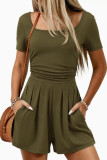 U-neck Short Sleeved Solid Color Jumpsuit Shorts