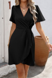 Solid Color Waist Cinched Lotus Leaf Sleeved Dress