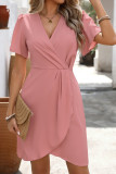 Solid Color Waist Cinched Lotus Leaf Sleeved Dress
