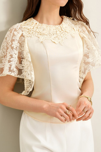 Round Neck Shawl Sleeves Cinched Waist Shirt