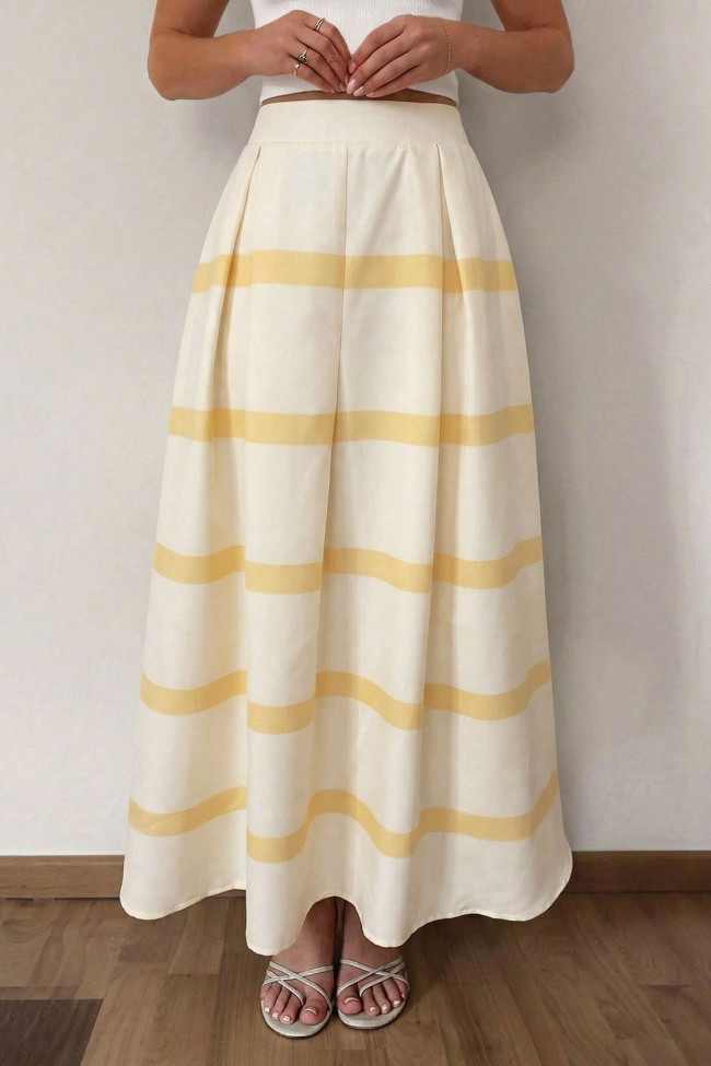 Vacation Style Pleated Striped High Waisted Skirt
