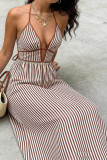 Striped Deep V-neck Halter Waist Cinching Dress