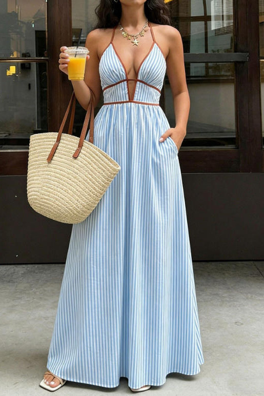 Striped Deep V-neck Halter Waist Cinching Dress