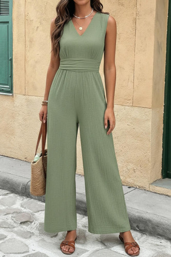 Sleeveless V-neck Waist Cinched Jumpsuit Pants