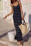 Polka Dot Print Waist Cinched Sleeveless Dress