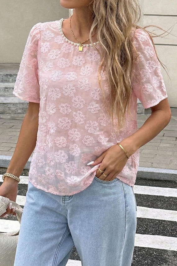 Pearl Round Neck Jacquard Bubble Sleeve Shirt