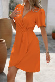 Solid Color Waist Cinched Lotus Leaf Sleeved Dress