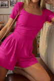 U-neck Short Sleeved Solid Color Jumpsuit Shorts