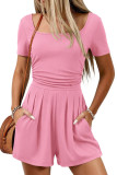 U-neck Short Sleeved Solid Color Jumpsuit Shorts
