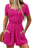 U-neck Short Sleeved Solid Color Jumpsuit Shorts