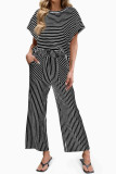 Striped Round Neck T-shirt Wide Leg Pants 2-piece Set