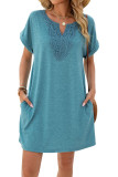 Solid Color V-neck Lace Loose Pocket Dress