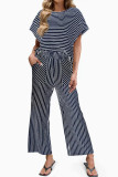 Striped Round Neck T-shirt Wide Leg Pants 2-piece Set