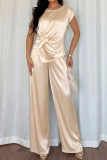 Satin Round Neck Top Wide Leg Pants 2-piece Set