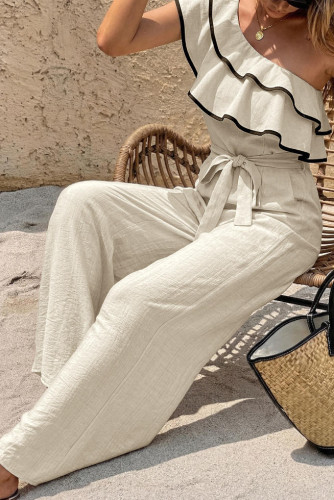 Slanted Shoulder Lotus Leaf Edge Waist Cinching Jumpsuit