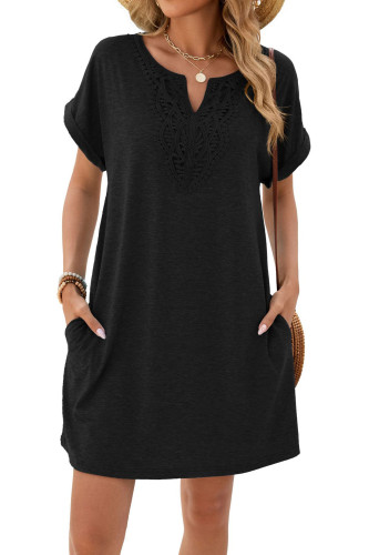 Solid Color V-neck Lace Loose Pocket Dress