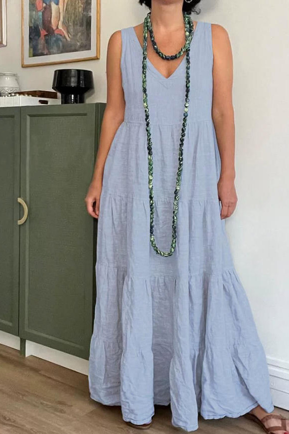 Large Size V-neck Cotton Linen Sleeveless Dress