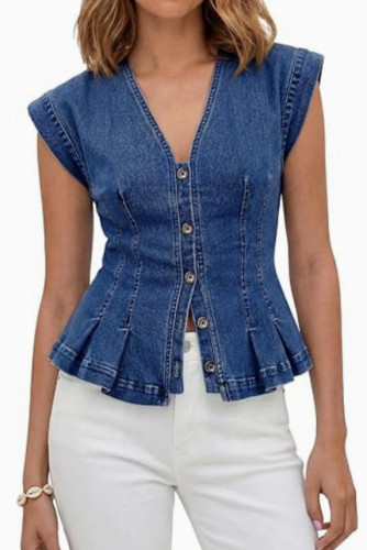 V-neck Pleated Sleeveless Denim Vest
