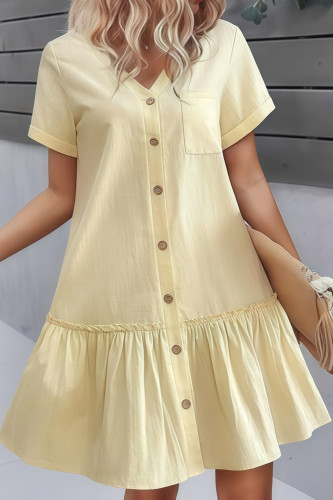 Lotus Leaf Edge Short Sleeved Pocket V-neck Dress