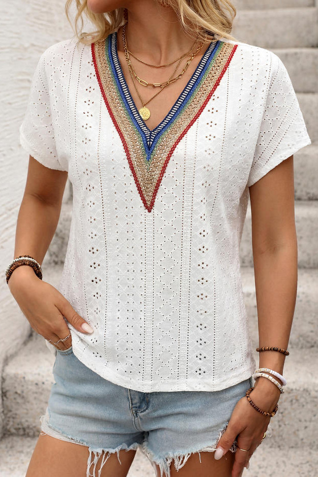 Ethnic Style Jacquard V-neck Bat Sleeve T-shirt