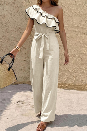 Slanted Shoulder Lotus Leaf Edge Waist Cinching Jumpsuit