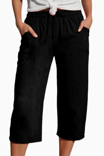 Solid Color Elastic Waist Pocket Cropped Pants