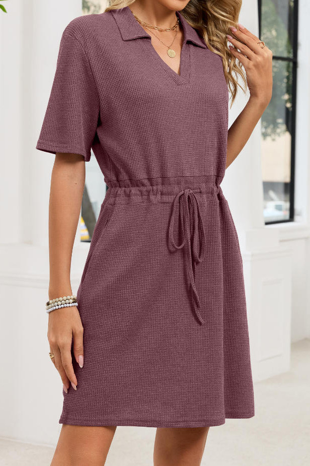  Lapel Drawstring Waist Cinched T-shirt Dress