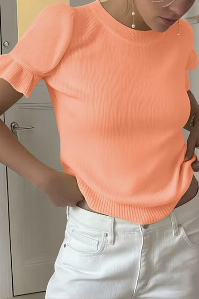 Solid Color Round Neck Short Sleeved Sweater