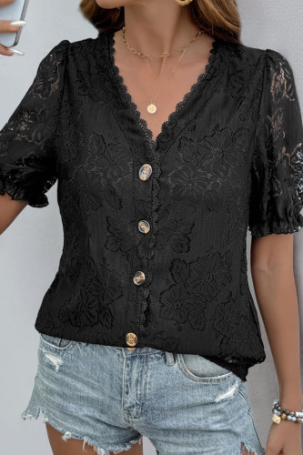 Retro V-neck Lace Short Sleeved Shirt