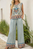 Large Size Striped Vest Wide Leg Pants 2-piece Set