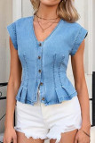 V-neck Pleated Sleeveless Denim Vest