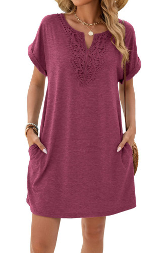 Solid Color V-neck Lace Loose Pocket Dress