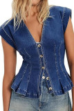 V-neck Pleated Sleeveless Denim Vest