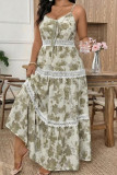 V-neck Printed Lace Waist Cinching Dress