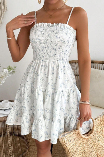 French Floral Print Waist Cinching Dress
