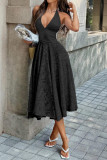 V-neck Hanging Neck Pleated  Waist Cinched Dress