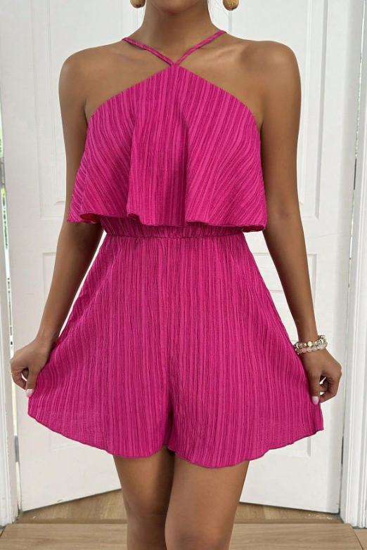 Solid Color Neck Hanging Ruffle Edge Jumpsuit