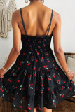 French Floral Print Waist Cinching Dress