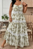 V-neck Printed Lace Waist Cinching Dress