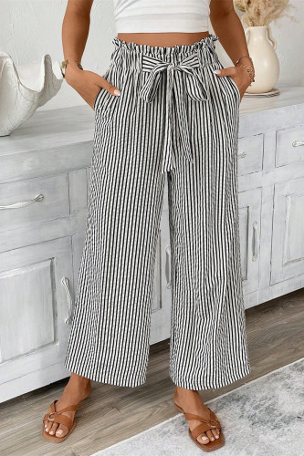 Ruffle Elastic Waistband Striped Straight Leg Pants